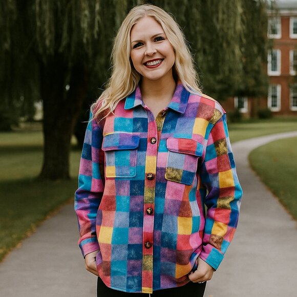 Women Shirt XL Colorblock Water Color Multicolor Shacket Artsy Y2K Button Up Y2K - Picture 1 of 8